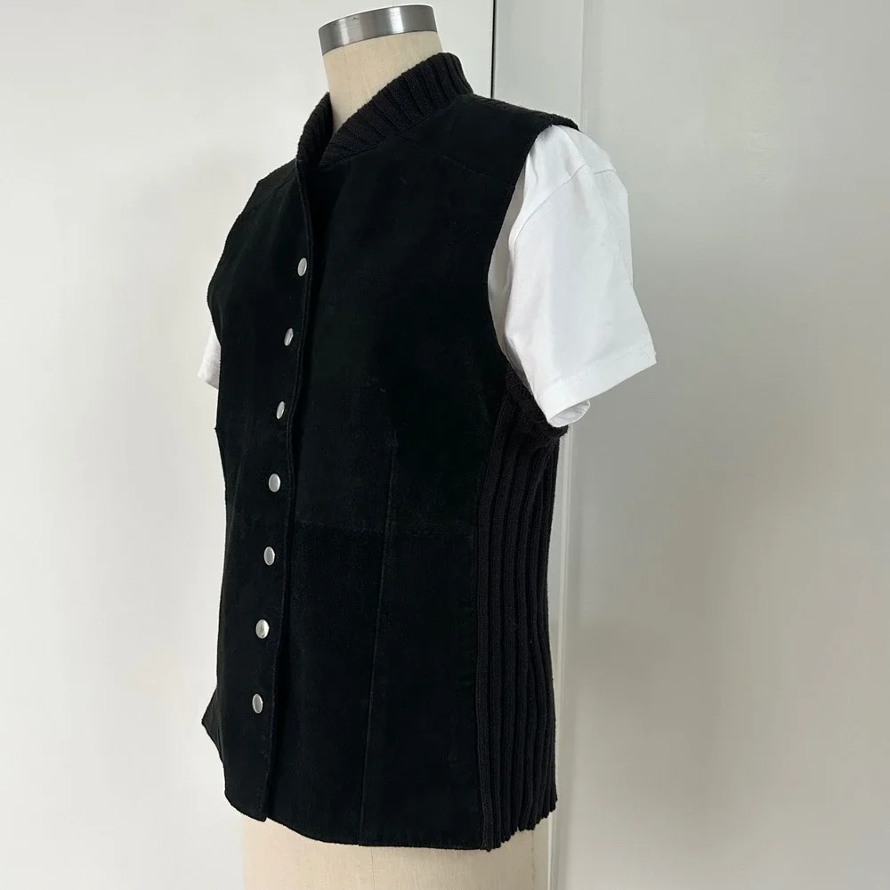 Christopher & Banks Black Suede Leather‎ Ribbed Knit Back Snap Front Vest Large